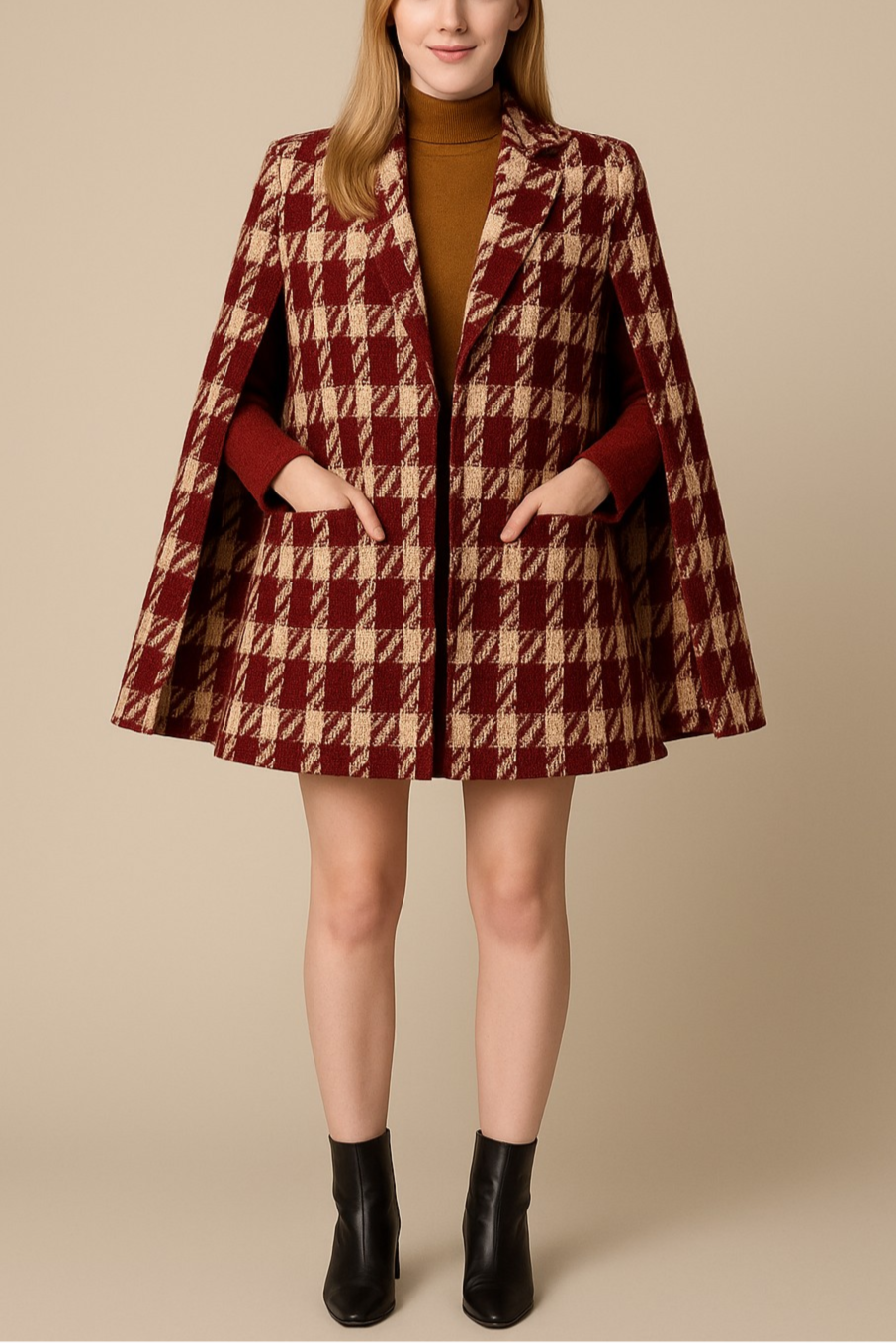 Houndstooth Woolen Cape Coat & Shorts ¨C Elegant & Fashionable Set